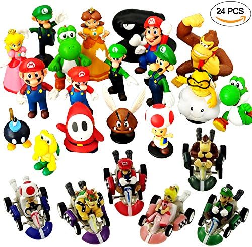 24 PCS Mario Brothers Toy Figure Playsets - Pull Back Cars - Cake Toppers for Kids