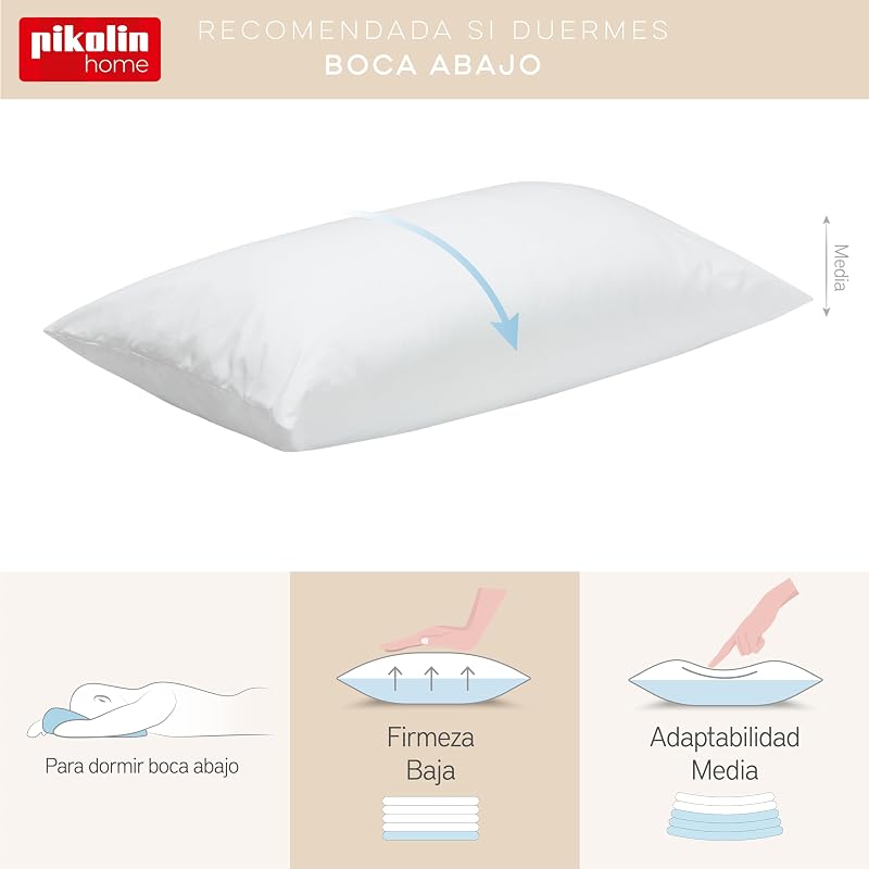 Home - Pack 2 Almohadas de Fibra Hipoalergénica - Funda Exterior de Algodón con Tratamiento Antiácaros - Firmeza Baja, Dormir Boca Abajo, 60 cm, 60 x 40 cm