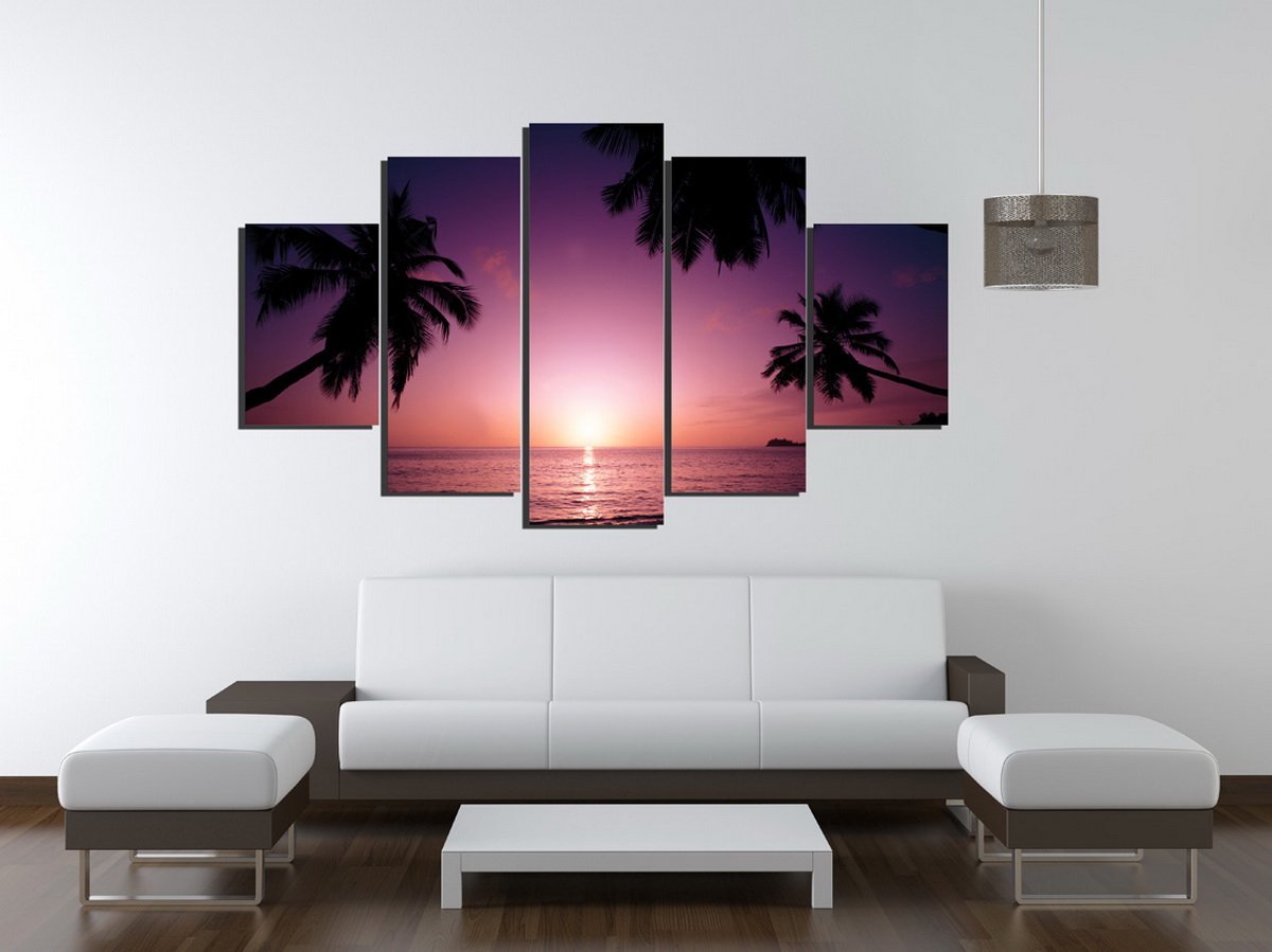 5 Piece Purple Seascape Beach Sunset Canvas Print Wall Canvas Art Coconut Tree Oil Painting For Living Room Decor