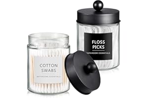SheeChung Qtip Dispenser Holder 2pcs, Glass apothecary jars with Stainless Steel Lids &Stickers, Countertop Canister Guest Bathroom Storage Organizer Set for Cotton Swabs/Balls, Floss Picks(Black)