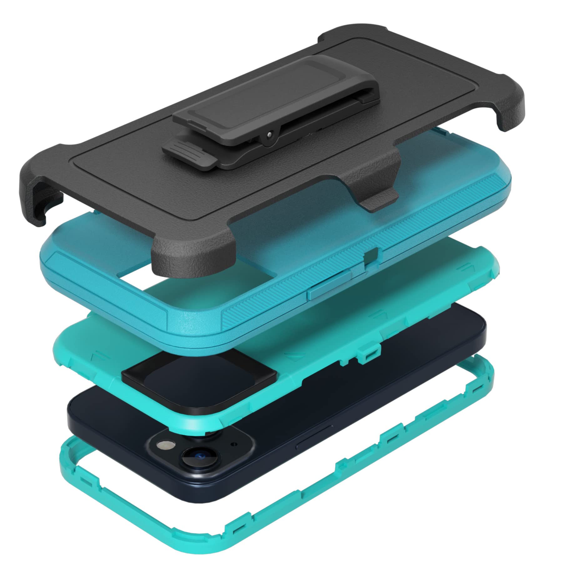 NIUBITY Compatible with iPhone 13 6.1 inch Case,with Screen Protectors,Heavy Duty Rugged Shockproof Full Body Protection Kickstand Case with Belt Clip Holster for iPhone 13 Phone (Teal+Light Blue)