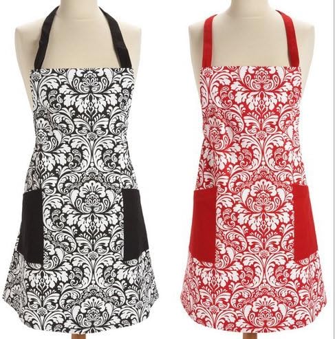 Diomate(TM)100% Cotton, Fashion Printed Damask Chef Kitchen Apron Machine Washable Kitchen Apron Cooking Apron Baking Apron with 2 Pockets ( Black and Red, Pack of 2 )