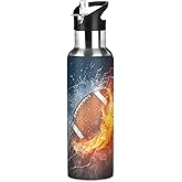 American Football Fire Water Bottle Kids Insulated Stainless Steel Hot Cold Water Flask Jug with Straw Lid for Sports Gym Running 20 oz