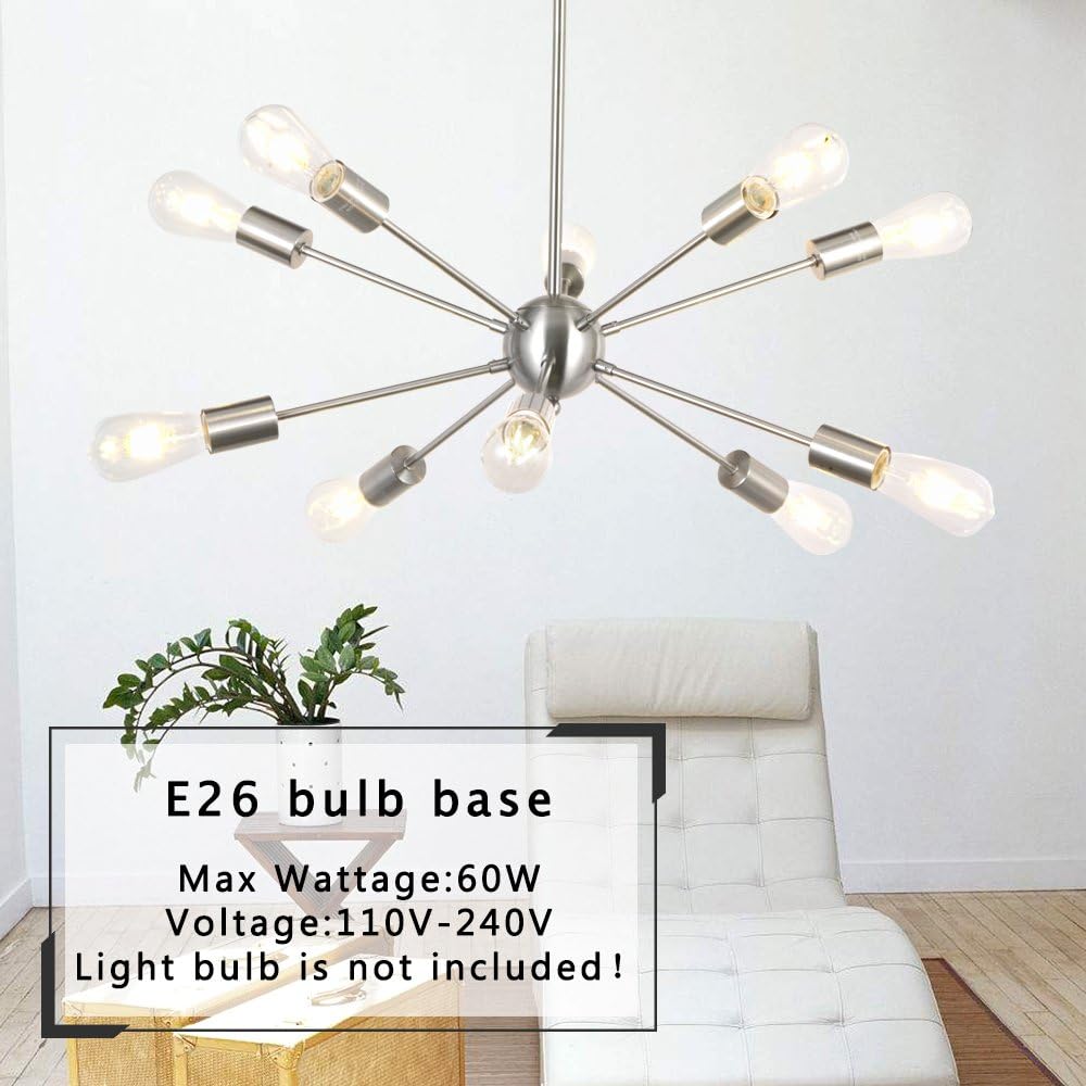 BONLICHT Sputnik Chandelier Lighting 10 Light Chandelier Modern Starburst Chandelier Mid Century Pendant Lighting Brushed Nickel Ceiling Light Fixture for Kitchen Dining Room Living Room Foyer - - 