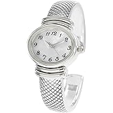 Rosemarie Collections Women's Stylish Oval Shaped Mother of Pearl Face and Textured Cuff Watch Bracelet (Silver)