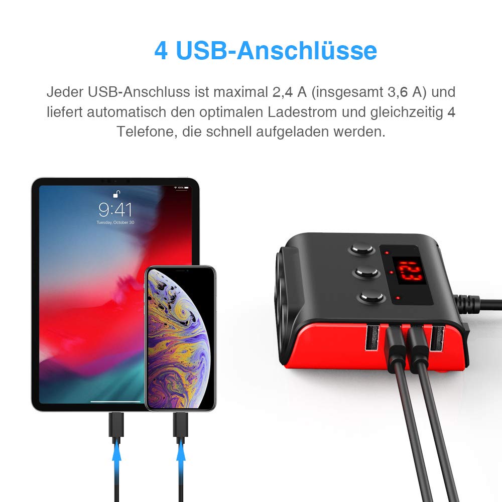 Auto Ladegerät Adapter, SONRU 3 Fach KFZ Zigarettenanzünder Verteiler mit 4 USB Ports, 120W 12V/24V DC Mehrfach Steckdose Splitter mit LED Voltmeter Getrennte Schalter für GPS/Dash Cam/Telefon 7