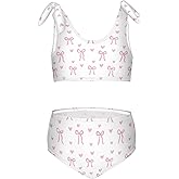Wusikd Pink Bows Girls Swimsuits Two Piece Hearts Ribbons Swimwear Bikini Set for for Girls Size 11-12T