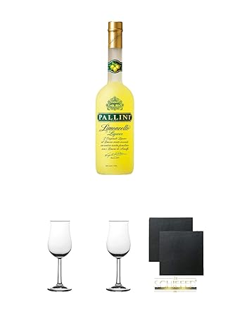 Pallini Limoncello aus Italien 3,0 Liter Magnum + 2 Bugatti Nosing Gläser mit Eichstrich 2cl und 4cl + 2 Schiefer Glasunterse