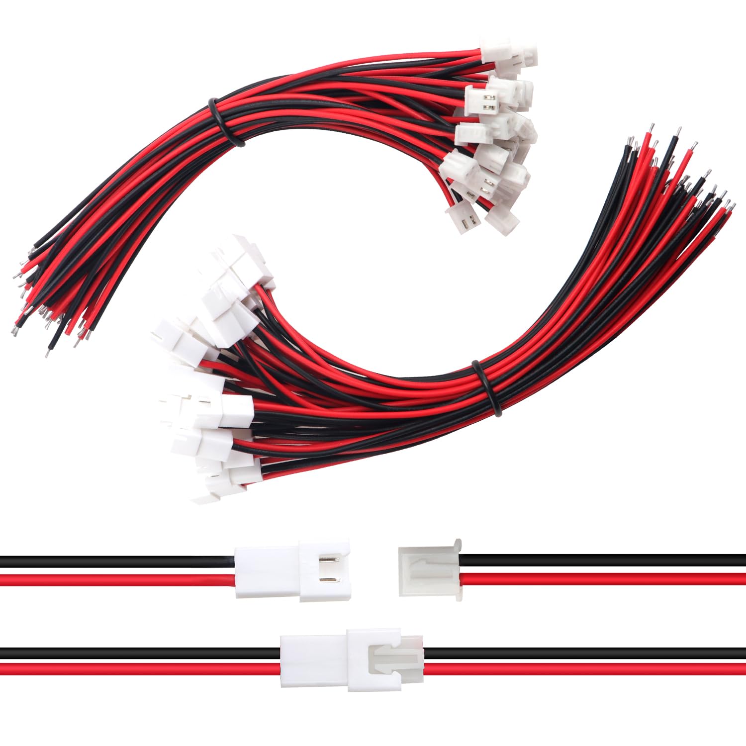 Lyeteung 30 Pairs Mini Micro JST-XH 2.54 Plug Connector, JST 2 Pin Micro Electrical Male and Female Connector Plug Wire Cable, with 150mm 22AWG Wire (Black Red)