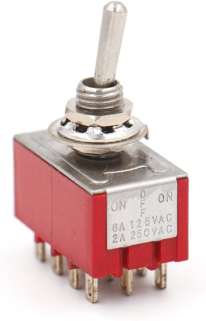 Heschen Miniature Toggle Switch, MTS-403, ON-OFF-ON, 4PDT, 12 Pin, 2A 250V, 5A 125V, Pack of 2 (MTS-403), Red