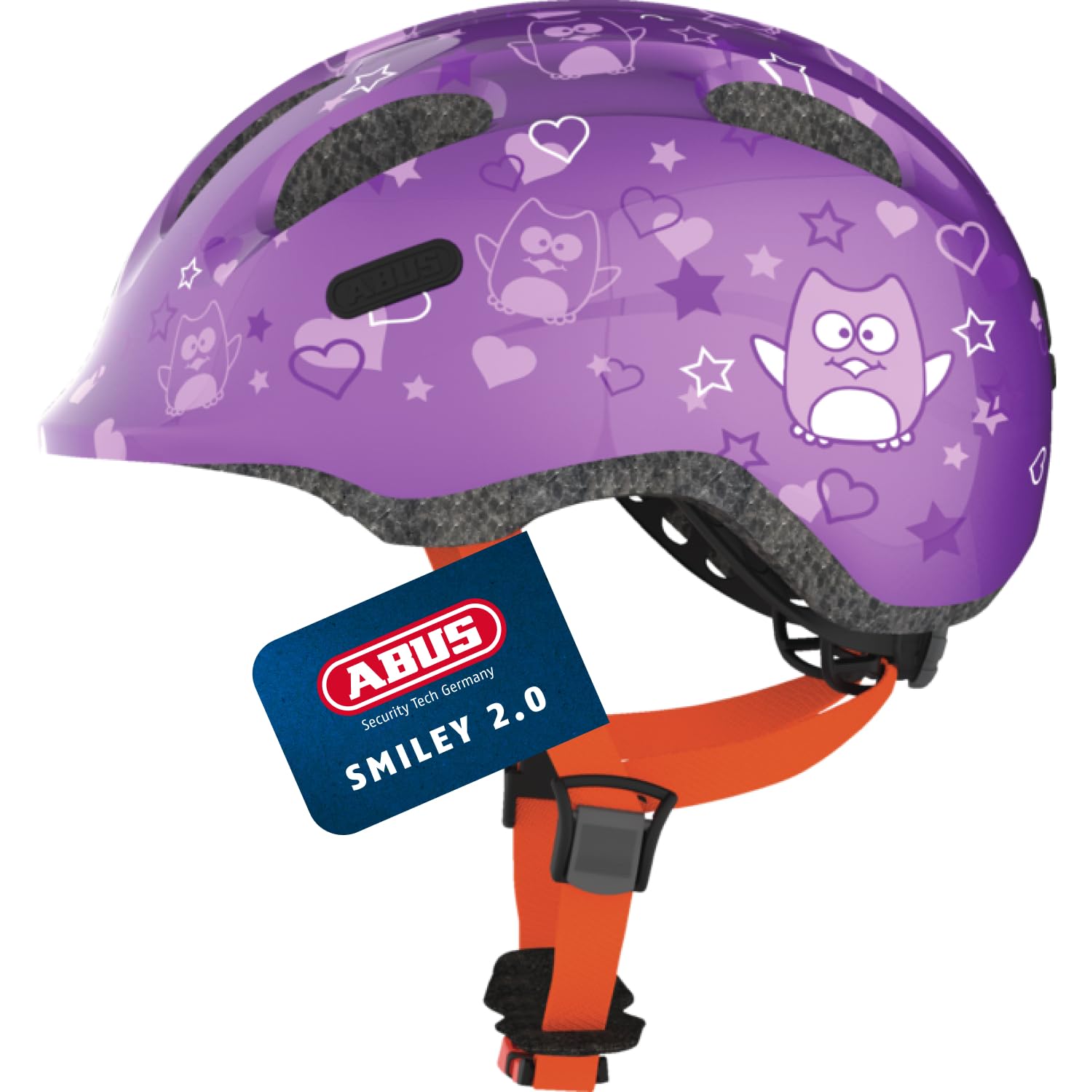 ABUS Kinderhelm Smiley 2.0 - Robuster Fahrradhelm für Mädchen und Jungs - Lila mit Eulenmuster, Größe M