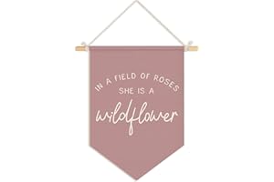 Wheatwin Girl Nursery Decor, in a Field of Roses She Is a Wildflower Wall Hanging Pennant Flag Banner, Wildflower Nursery Wall Decor for Toddler Baby Girls Room Bedroom Playroom 15x11 Inch