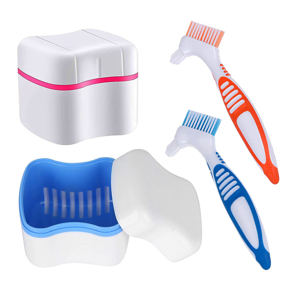 Denture Cleaner Box and Brush Set - 2 Pack Denture Bath Case with Basket + 2 Pack Denture Brush, Portable Denture Retainer Storage Box, Premium Hygiene False Teeth Brushes for Oral Care : Beauty