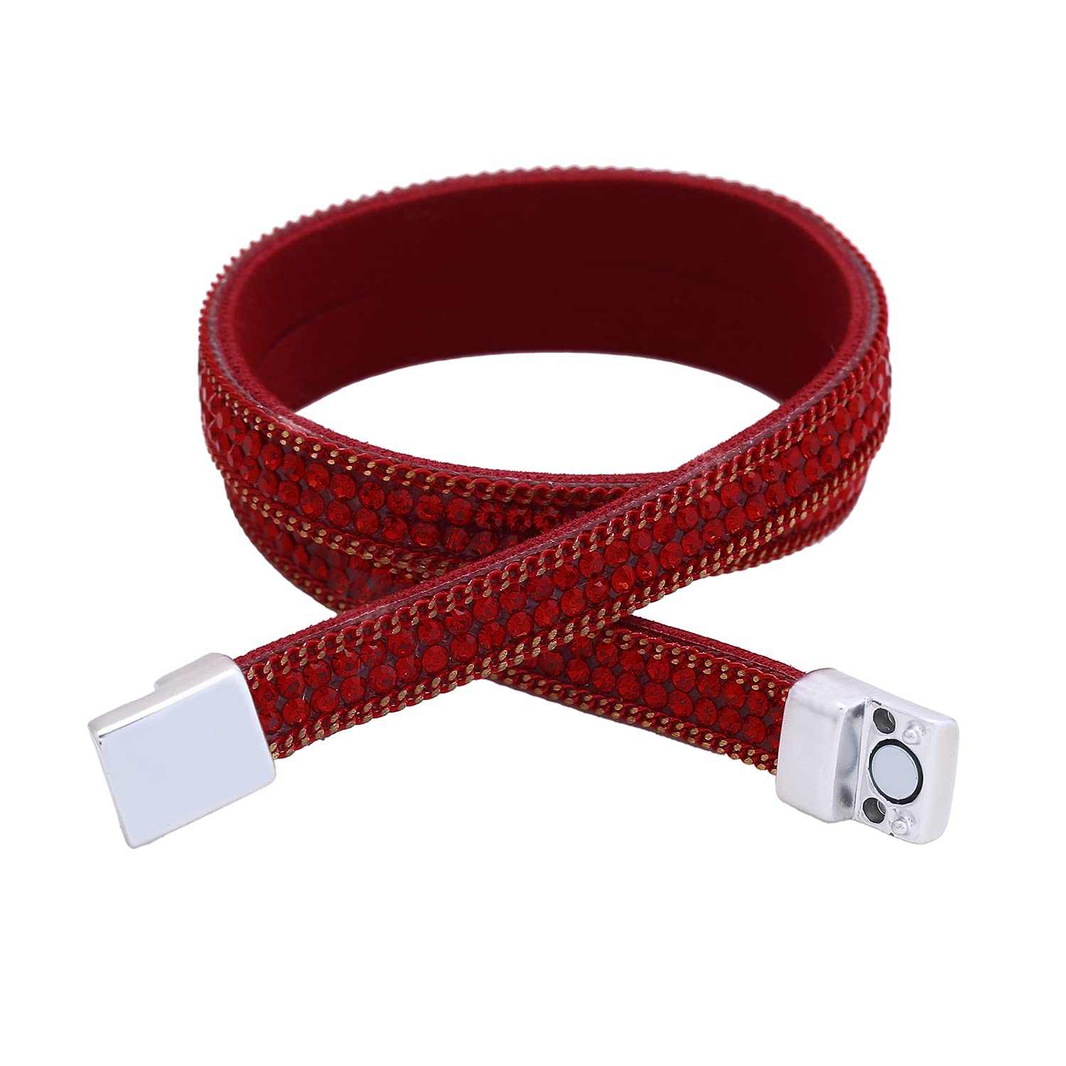Morella Women’s Wrap Bracelet Double-Row with Zirconia Stones and Magnetic Clasp – Red