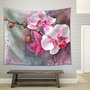 Watercolor Hand-Drawn Orchid Flowers - Fabric Wall Tapestry Home Decor - 51x60 inches