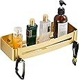 Brushed Gold Shower Shelf Adhesive or Drilling Shower Caddy Bathroom Cosmetics Holder with Hooks Shampoo Holder