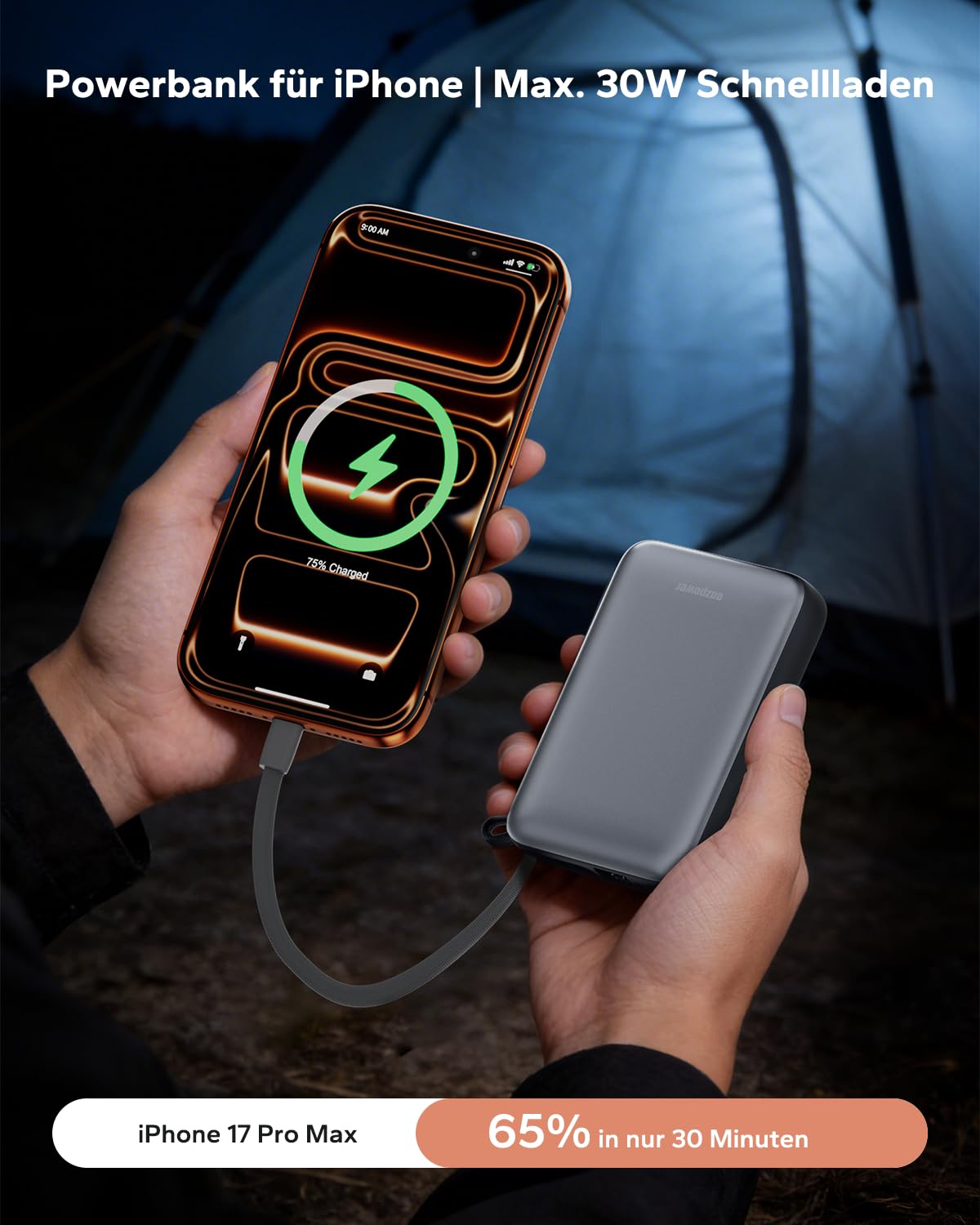 Eazpower Powerbank 45W Schnellladefunktion 20,000mAh mit USB-C Kabel integriert, Externe Handyakkus Leicht Klein Aber Stark für iPhone 17/16 /15 Pro, Samsung S25 Ultra, Xiaomi - Raummetallsilber 4