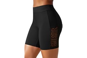 HOLIPICK 7" Swim Shorts Women - High Waisted Swimsuit Shorts Tummy Control Bathing Suit Lace Bottom with Liner