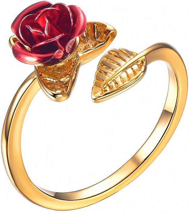 Red Rose Garden Flower Leaves Resizable Finger Rings Women Resizable Open Ring Finger Rings Steel