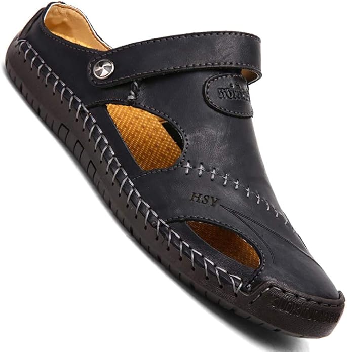 GSNOW Mens Casual Closed Toe Leather Outdoor Sports Sandals Beach Slippers Flat Shoes Amazon.co