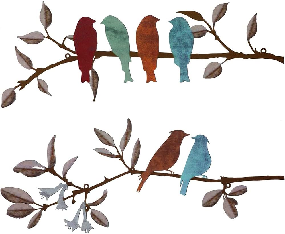Plaques & Wall Art - Firgione 2pcs Colorful Metal Birds Wall Art Decor,Birds on The Tree Branch Leaves Wall Decor,Rustic Bird Decor Leaf Wall Decor For Balcony Garden Indoor Outdoor