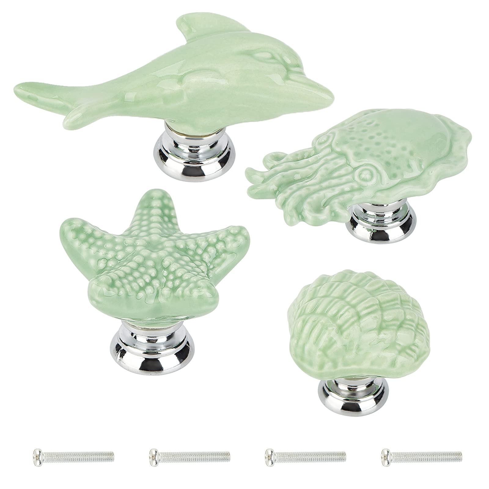 GORGECRAFT 4Sets Ceramic Cabinet Knobs Starfish Octopus Shell Dolphin Marine Animals Theme Ocean Cartoon Style Handmade Dresser Knob Drawer Pulls for Cupboard Kitchen Wardrobe Furniture (Green)