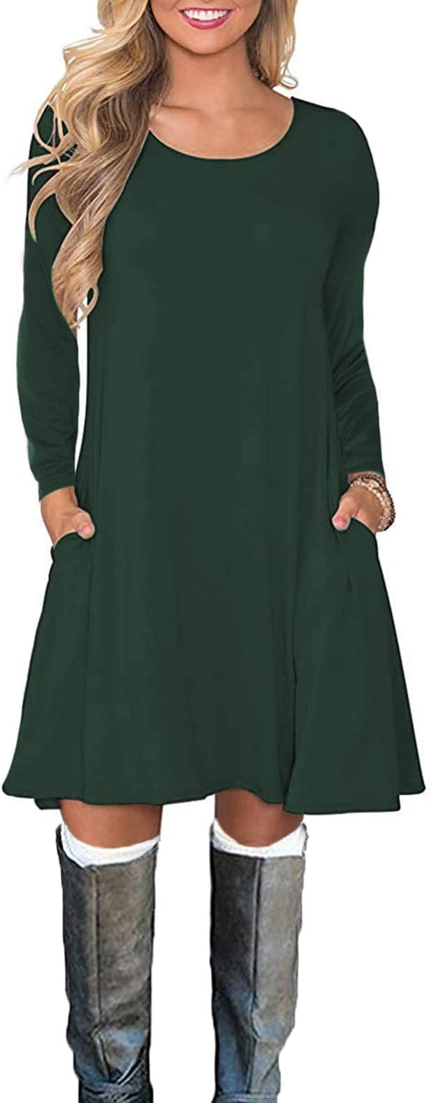 VOGRACE Women's Casual T Shirt Dresses Long Sleeve Swing Dress with Pockets