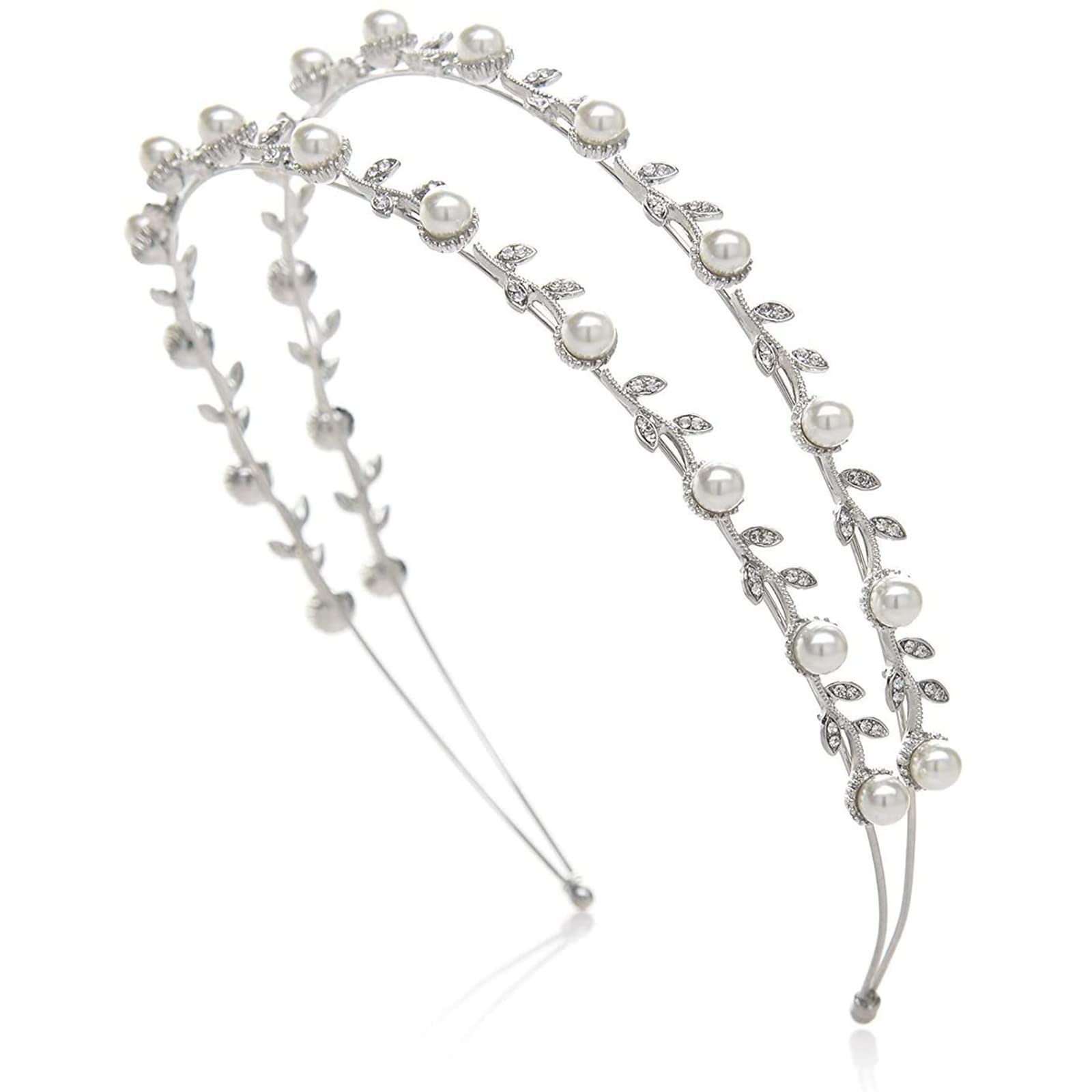 Silver-Double Band Pearl Headband Crystal Tiara Hair Accessories