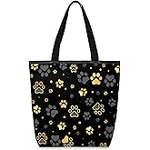 Pardick Black Paw Printed Canvas Tote Bag, Eco Friendly Cute Reusable Grocery Shopping Bags Beach Bag Book Tote Handbags Washable Shoulder Bags With Zipper Inner Pocket for Women Girls