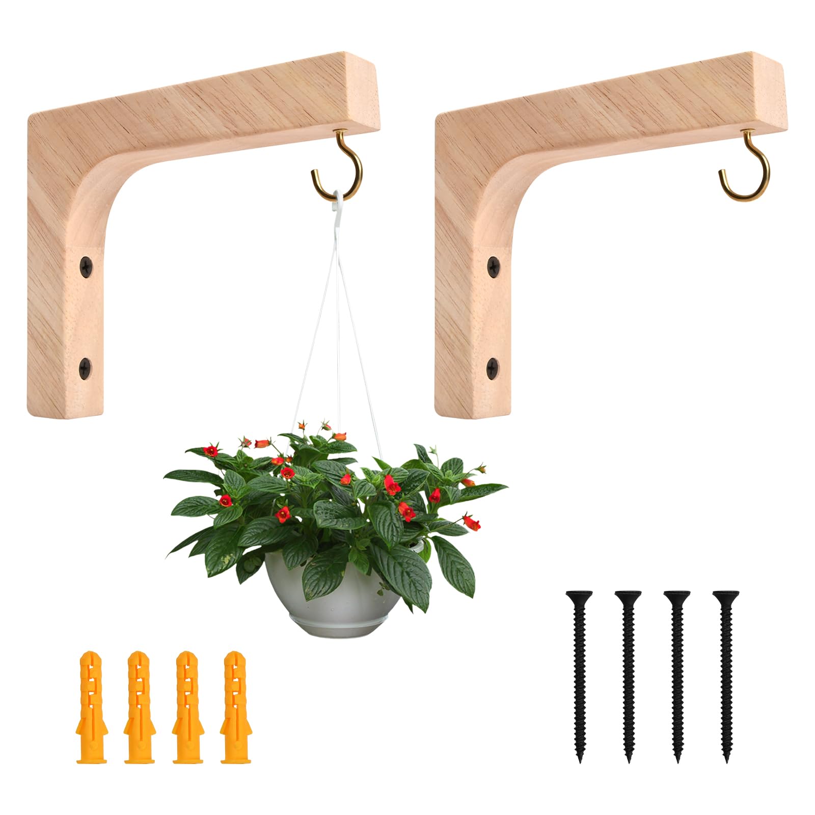 Zsanhua 2pcs Wooden Wall Hooks for Plants, Heavy Duty Hanging Bracket with Screw, Wooden Hanging Basket Hooks for Flowerpots, Lanterns, String Lights, Wind Chime
