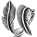 INBLUE Men,Women's Stainless Steel Ring Black Silver Tone Feather Vintage