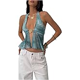Floerns Women's Mesh Slit Hem Halter Crop Tops Metal Tie Backless Sleeveless Summer Tank Top