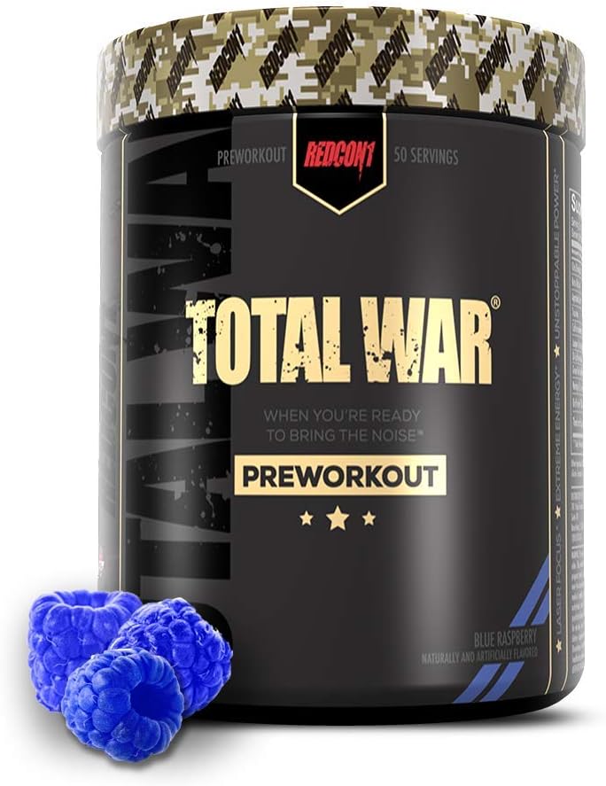 Redcon1 Total War - Pre Workout Powder, 50 Servings, Boost Energy, Increase Endurance and Focus, Beta-Alanine, 350mg Caffeine, Citrulline Malate, Nitric Oxide Booster - Keto Friendly (Blue Raspberry): Health & Personal Care