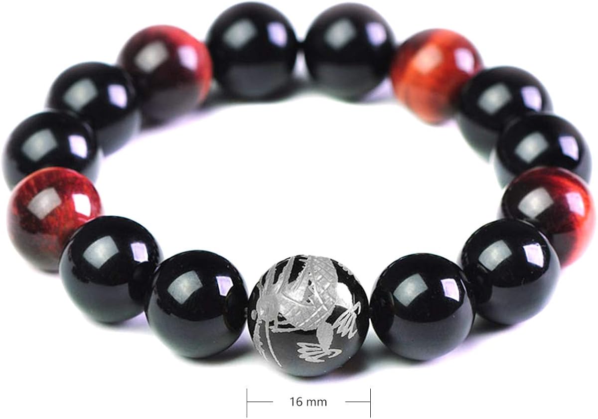 Mecool Obsidian Stretch Bracelet Round Gold Stretch Obsidian Bracelets 16mm Beads, Red Black-16mm, 9 5 inch - Image 3