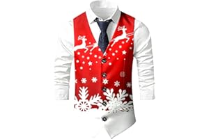 Mens Christmas Vest Red Green Xmas Tree Snowman Snowflake Festival Suit Waistcoat for New Years Holiday