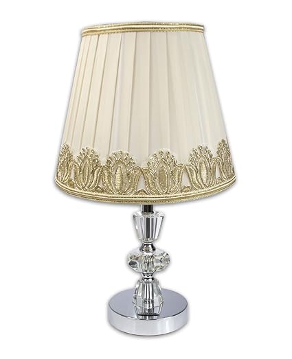 Vetrineinrete Lume Moderno Da Comodino Abat Jour Lampada Da Tavolo In Acciaio Cromato E Paralume Decorato Ricami Oro D19 O B35