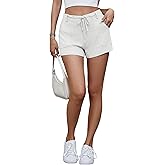 Famulily Womens Linen Drawstring Elastic Waist Button Shorts Low Rise Cute Beach Shorts with 4 Pockets