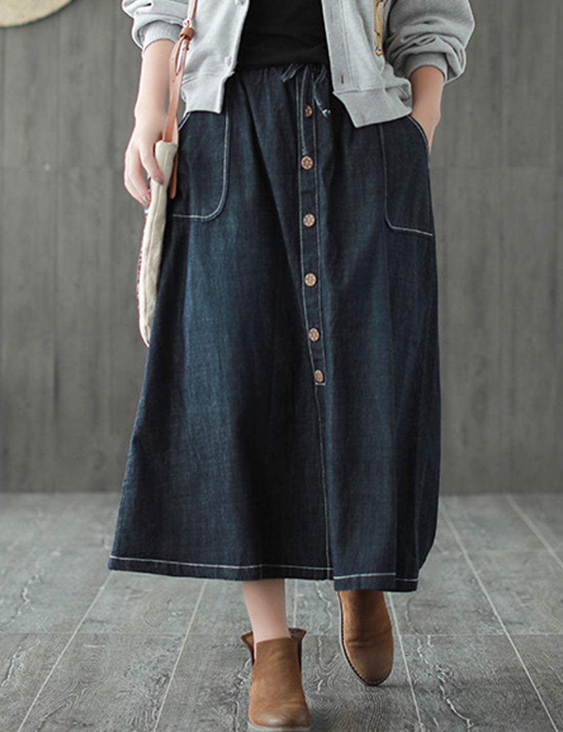 Flygo Women's Casual Elastic Waist Midi Long Denim Skirt with Pockets