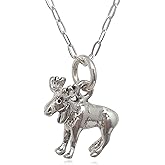 EnCharmed Sterling Silver Tiny Bull Moose or Elk 3D Charm Necklace, 18"