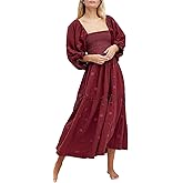 Willow Dance Women Casual Bohemian Floral Dress Square Neck Ruffle Swing A Line Long Sleeve Beach Maxi Dress with Pockets