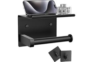 Tindbea Toilet Paper Holder with Phone Shelf + Towel Robe Hooks, Adhesive or Screw Wall Mounted Toilet Paper Roll Storage, Stainless Steel Bathroom Tissue Roll Holder (Matte Black)