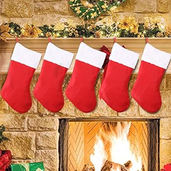 SHareconn Christmas Stockings,5 Pack 16 Inch Big Christmas Kids Gift Stocking Bags and Christmas Hanging Socks for Gift Holding,Party Decoration DIY Craft (Red & White)