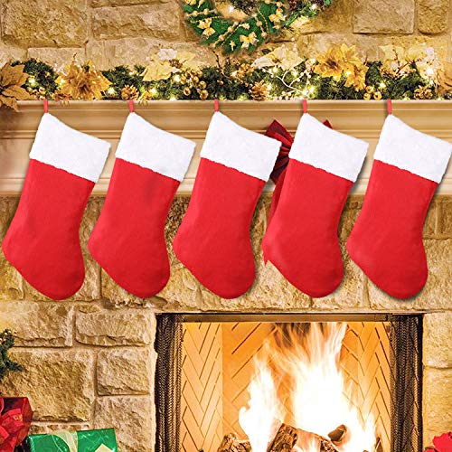SHareconn Christmas Stockings,5 Pack 16 Inch Big Christmas Kids Gift Stocking Bags and Christmas Hanging Socks for Gift Holding,Party Decoration DIY Craft (Red & White)
