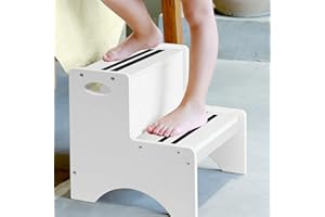 HAJACK Step Stools for Kids, White Toddler Step Stool, Wooden Two Step Stool with Bonus Safety Non-Slip Mats and Handle, Bathroom Potty Stool & Kitchen Step Stool & Bedroom Stool for Home Use