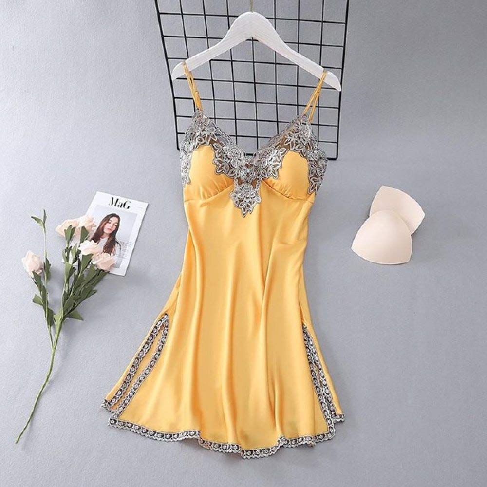 YHWW Summer pajamas,Sexy Lady Lace 5PCS Robe Set Sleepwear Yellow Women  Rayon Summer Nightgown Intimate Nightclothes Kimono Bathrobe Gown