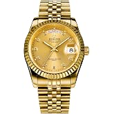 HUNRUY 41MM Men's Gold Plated Stainless Steel Waterproof Quartz Watch Luxury Wristwatch with Date Week Display