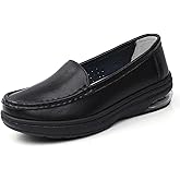 Myallfeet Ladies Air Cushion Slip On Nurse Shoes-Casual Leather Comfort Air Cushion Low Heel Loafers Lightweight Non-Slip Moccasin Walking Shoes (White,6)