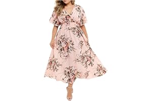 Women's Elegant Maxi Dress Floral Flowy Long Wedding Guest Dress V Neck Short Sleeve A Line Evening Party Dresses