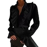 Women's Ruffle Button Front Blouse High Collar Long Flounce Sleeve Victorian Dressy Spring Shirt Tops