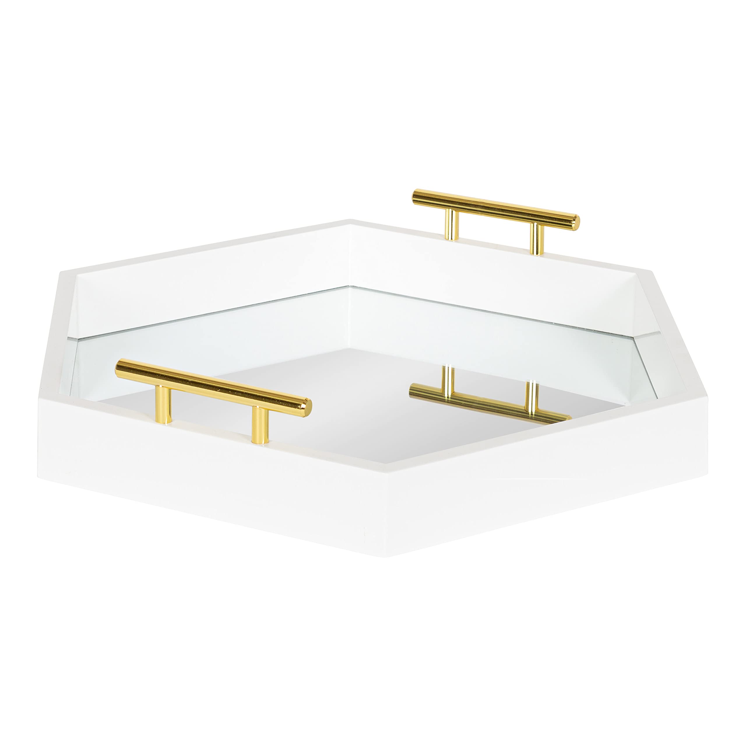 Kate and Laurel Lipton Modern Hexagon Mirrored Tray; 18 x 18; White and Gold; Midcentury Decorative Serving Tray for Storage and Display Image